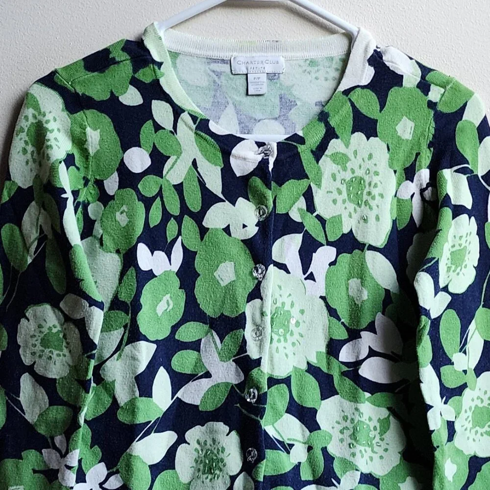 Charter Club Green/Navy Floral Button Down Cardigan Size Petite P Small